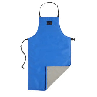 Blue Heathrow Scientific Cryo-Apron® with a gray patch on a white background