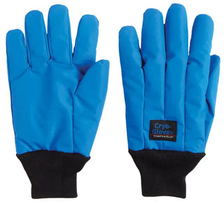 Pair of blue Heathrow Scientific Cryo-Gloves® with black cuffs on a white background