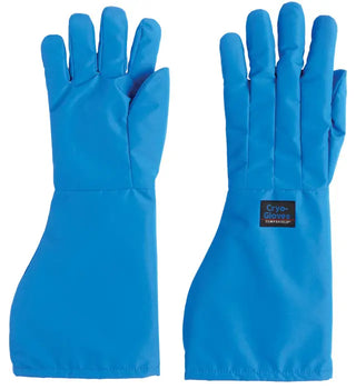Pair of blue Heathrow Scientific Cryo-Gloves® with a brand label on a white background