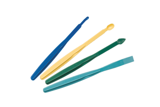 Four colorful plastic Heathrow Scientific OR1203 Plastic Curette, Whitney Sculps Knife on a white background