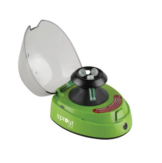 Green Heathrow Scientific Sprout Mini Centrifuge with a white shade on a white background