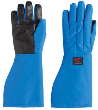 Pair of blue Heathrow Scientific Tempshield Waterproof Cryo-Grip® Gloves with black cuffs on a white background