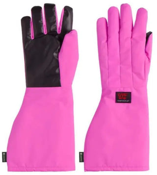 Pair of pink Heathrow Scientific Tempshield Waterproof Cryo-Grip® Gloves with black cuffs on a white background