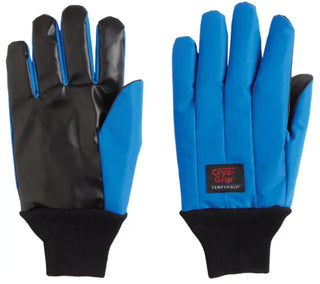 Pair of black and blue Heathrow Scientific Tempshield Waterproof Cryo-Grip® Gloves with CryoGrip logo on a white background