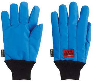 Pair of blue Heathrow Scientific Waterproof Cryo-Gloves® with black cuffs on a white background