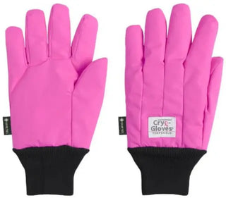 Pair of pink Heathrow Scientific Waterproof Cryo-Gloves® with black cuffs on a white background