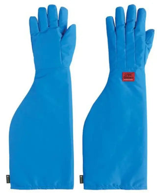 Pair of blue Heathrow Scientific Waterproof Cryo-Gloves® with a red label on a white background