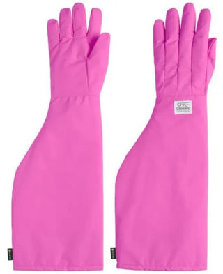 Pair of pink Heathrow Scientific Waterproof Cryo-Gloves® with a brand label on a white background