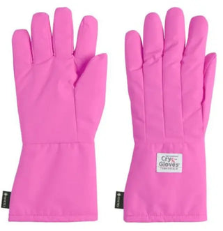 Pair of pink Heathrow Scientific Waterproof Cryo-Gloves® with a visible brand label on a white background