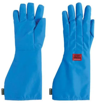 Pair of blue Heathrow Scientific Waterproof Cryo-Gloves® with a brand label on a white background