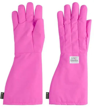 Pair of pink Heathrow Scientific Waterproof Cryo-Gloves® with a brand label on a white background