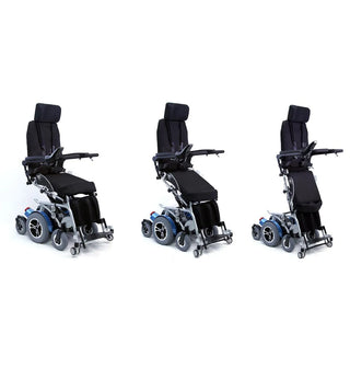 Three views of a power wheelchair on a white background