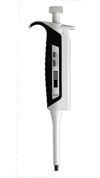 White and black lab Oxford AccuPet Pro Single Channel Pipettes on a white background