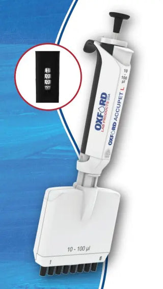White Accupet Multi Channel L Pipette with OXFORD branding on a blue and white background