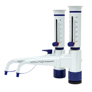 Oxford Accutop Bottle Top Dispenser with two measurement cylinders on a white background