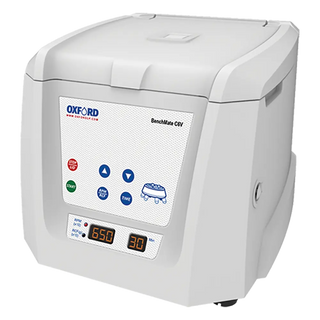 White Oxford BenchMate C6V Clinical Centrifuge with digital display and control panel on a white background