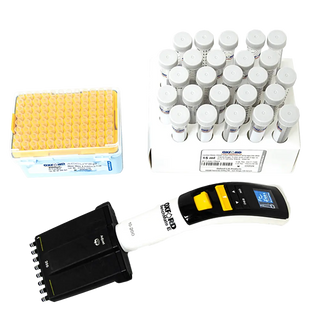 Collection of laboratory equipment including vials, a yellow filter, and a digital Oxford BenchMate Electronic Multi Channel Pipettes device on a white background