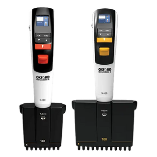 Two Oxford BenchMate Electronic Multi Channel Pipettes devices with digital displays on a white background