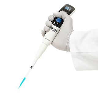 Oxford BenchMate Electronic Pipette with digital display held by a gloved hand on a white background