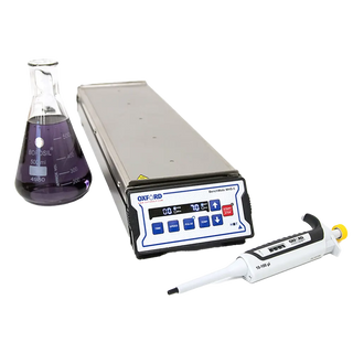 Lab equipment including a beaker with liquid, a Oxford BenchMate MHS-5 Multi-Position Magnetic Hotplate Stirrer, and a pipette on a white background.