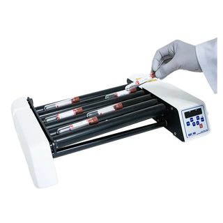 Laboratory Oxford BenchMate TR6 Digital Tube Rollers with test tubes and a gloved hand holding a tube on a white background