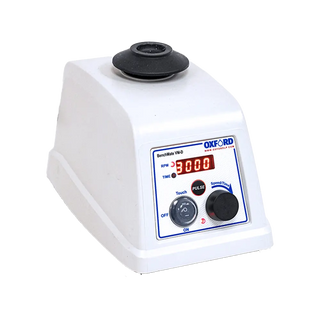 White lab Oxford BenchMate VM-D Digital Vortex Mixer with digital display and control buttons on a white background