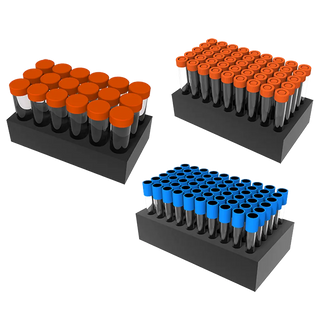 Set of test tube racks with orange, gray, and blue caps on a white background