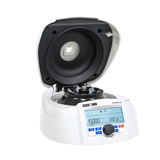 Laboratory Oxford Benchmate C12V Microcentrifuge with digital display on a white background