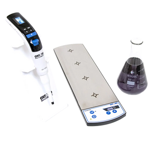 Laboratory equipment including a pipette, Oxford Benchmate MS4 Magnetic Stirrer, and beaker on a white background