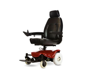Black power wheelchair with red seat on a white background