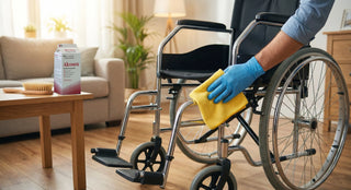 Caregiver wearing blue gloves cleaning a manual wheelchair with a yellow cloth using Alconox cleaner in a home living room, demonstrating proper wheelchair cleaning and mobility aid maintenance.