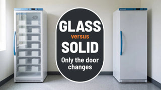 Glass versus solid, only the door changes: an Accucold Pharma-Vac glass door and a solid door vaccine refrigerator side by side in a clinic medication room
