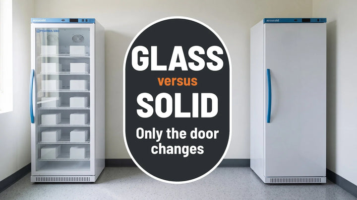 Glass versus solid, only the door changes: an Accucold Pharma-Vac glass door and a solid door vaccine refrigerator side by side in a clinic medication room