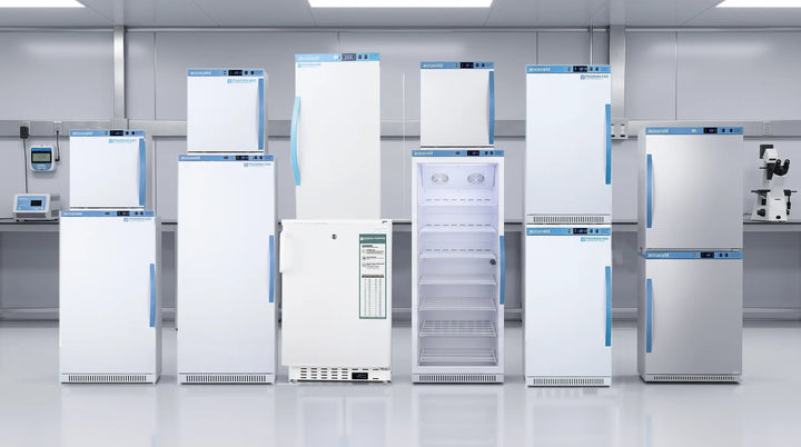 **Accucold vaccine refrigerator and freezer combinations featuring ARS3PV, ARS32PVBIADA, ARS8PV, ARS12PV, ARG12PV and ARS6PV stacked medical cold storage systems in a professional laboratory setting**