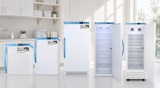 Accucold MOMCUBE breast milk refrigerator and freezer lineup showing MLRS1MC, MLRS3MC, MLRS8MCLK, MLRS15MC, AFZ1PVMC and AFS17PVMC in a clean clinical storage setting.