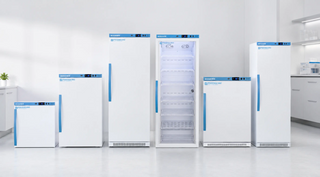 Accucold Pharma-Vac vaccine refrigerators displayed in a clean clinical laboratory setting, including compact, counter-height and upright medical cold storage models.