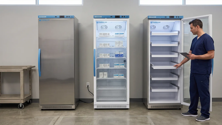 Biomedical technician reviewing three upright medical refrigerators with solid door, glass door and removable drawer configurations
