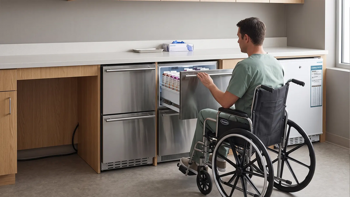 Healthcare worker in a wheelchair selecting supplies from an open drawer of an ADA compliant undercounter refrigerator beside clear knee space