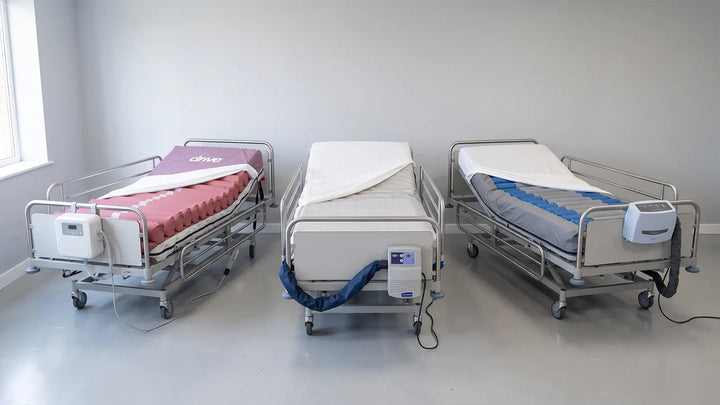 Three powered therapeutic mattress systems side by side showing alternating pressure, low air loss and lateral rotation therapy
