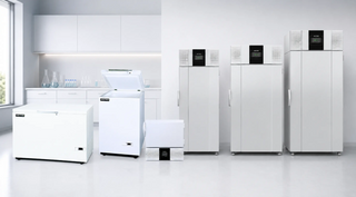 Arctiko ultra low temperature freezers including SUF500, SUF100, ULUF P90MV, ULUF P510MV, ULUF P620MV and ULUF P830MV biomedical freezer models displayed in a clean laboratory cold storage setting.