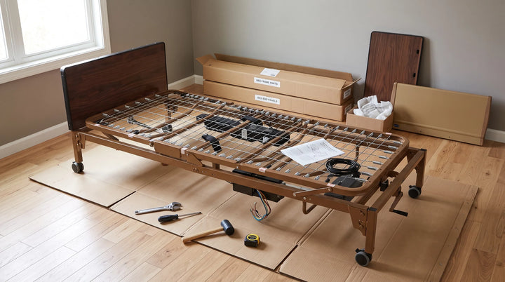 assembling a homecare hospital bed frame together with tools and packaging in a spare bedroom