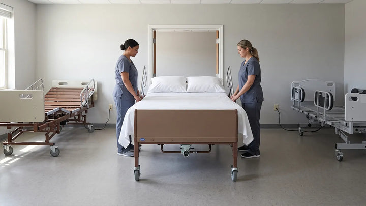 Two care staff preparing an expandable bariatric hospital bed with clear working access on both sides in a long-term care room