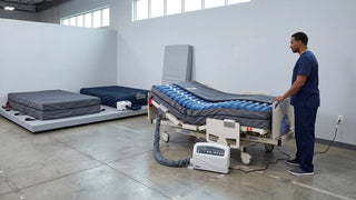 Equipment technician beside wide bariatric mattress systems including expandable foam and low air loss surfaces in a facility equipment bay