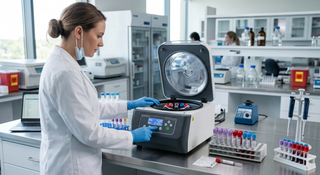 Clinical laboratory benchtop centrifuge with blood collection tubes, illustrating RPM vs RCF selection for clinical sample workflows