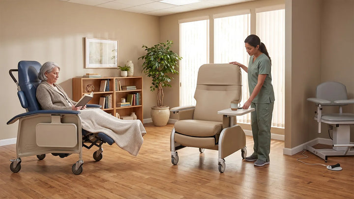 Care assistant adjusting the side table on a drop-arm clinical care recliner while a resident reads in a three-position recliner nearby