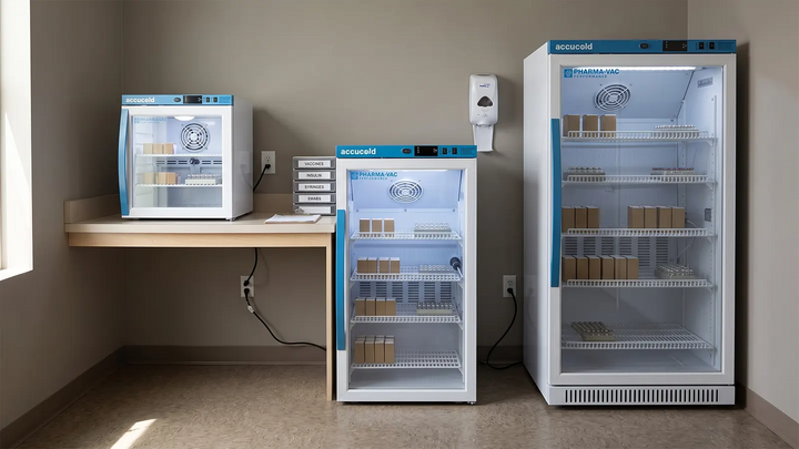 Three compact glass-door medical refrigerators in ascending size from countertop to six cubic feet in a clinic medication room