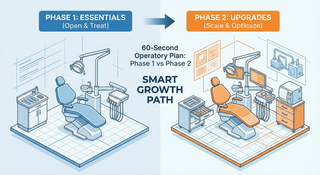 Dental operatory setup guide illustrating Phase 1 essentials for startups versus Phase 2 equipment upgrades, showing the Smart Growth Path for dental offices.