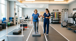 Modern rehabilitation clinic exercise area with therapy equipment for balance, gait, strength, and medical fitness training