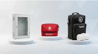 First aid kit compliance hero image comparing workplace cabinet, travel car kit, and trauma bleeding control kit.