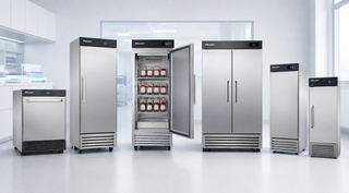 Follett blood bank refrigerators and plasma freezers displayed in a clean medical laboratory cold storage setup for healthcare and clinical facilities.